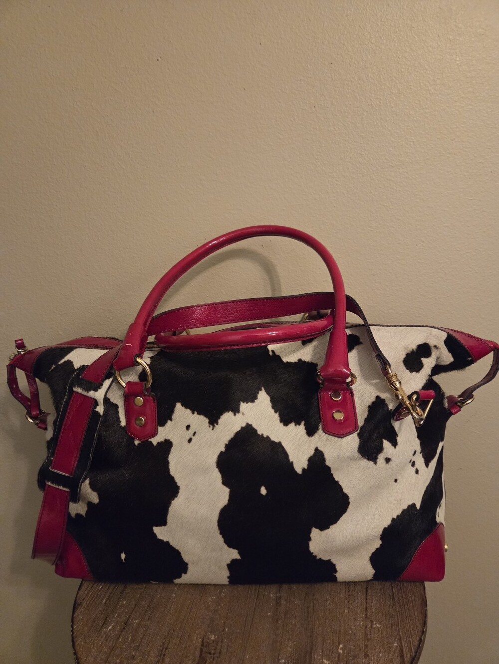 CAVALCANTI Black White Calf‎ Hair Cow Print Red Italian Leather X-Large Tote Bag